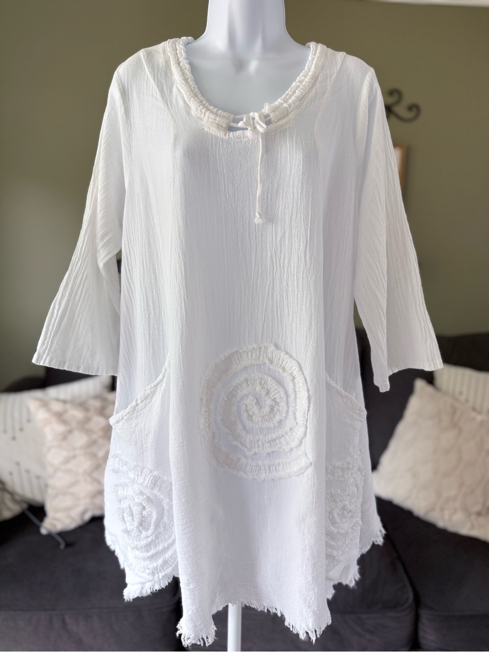 Oh My Gauze! White Midi Gauze Tunic Dress with Spiral Appliqué
